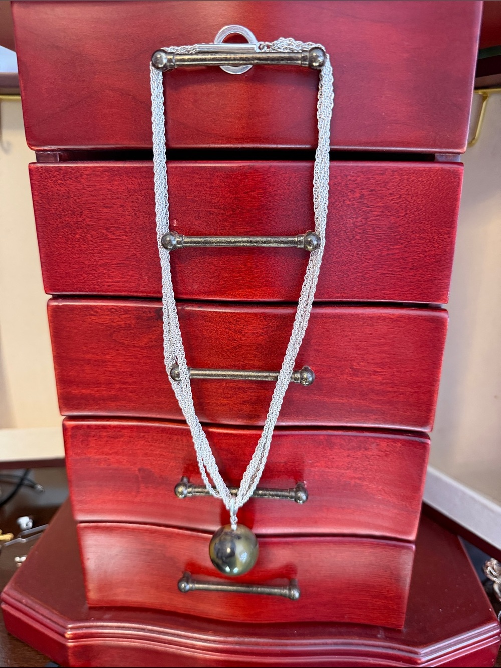Silver Multi-Strand Necklace with Dark Iridescent Pendant